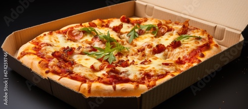 Takeout the delicious Four Cheese Pizza Margherita sprinkled with Red Pepper Chili Flakes and packed in a convenient takeaway box for carryout