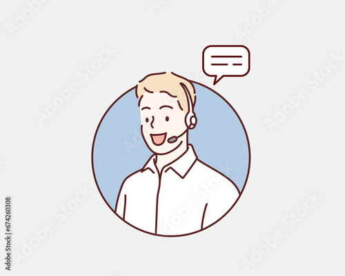 Businessman working in call center. Hand drawn style vector design illustrations.