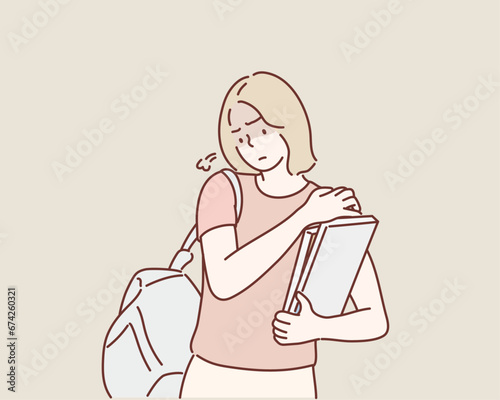 Upset woman with Heavy Backpack. Hand drawn style vector design illustrations.