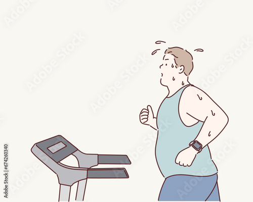 Fat man running on a treadmill. Hand drawn style vector design illustrations.