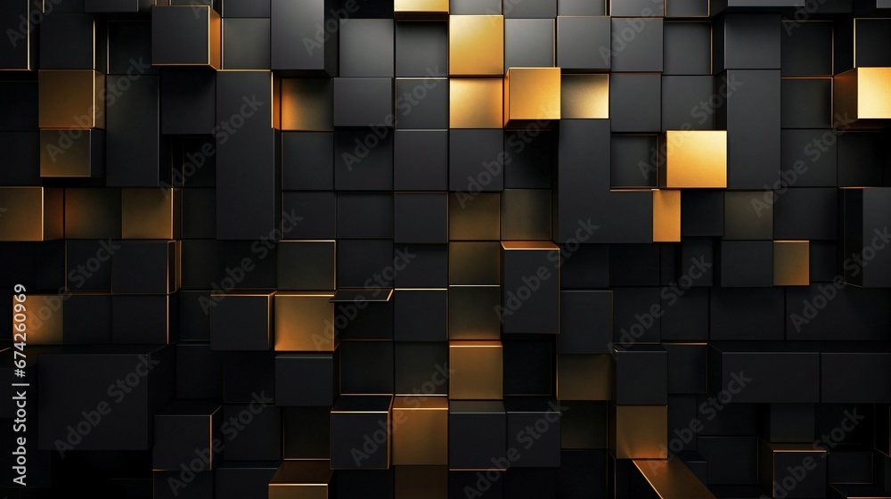 abstract background with cubes, Banner illustration of a dark geometric wall with luxurious gold and black 3D textures, a captivating play of squares
