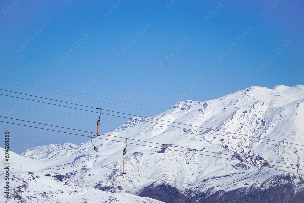 amazing view of the mountains and the ski lift in the mountains in Chile