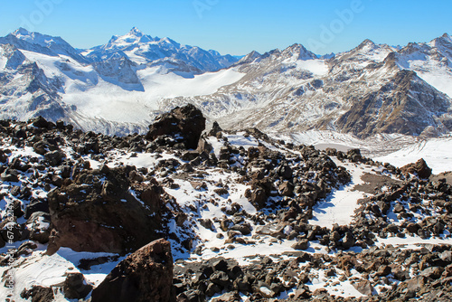 View from Cheget Mountain. Mountains in the snow. Elbrus region.