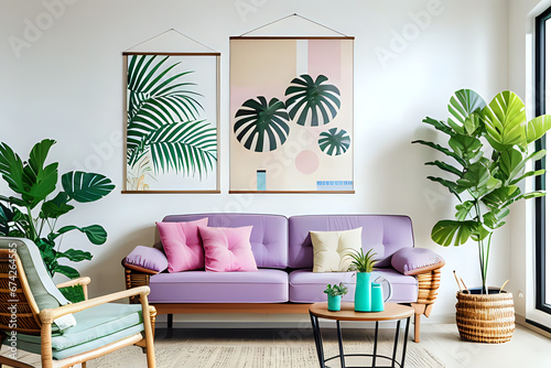 Living room interior with two mock up poster frame, pastel blue sofa, wooden consola, rattan chairs, plants