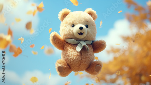 plush bear toy in the blue sky with fallen yellow leaves, seasonal calendar change october, generated abstract children's toy © kichigin19