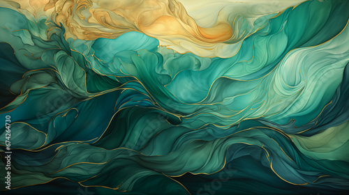 Green, gold Christmas wavy silk ocean waves background. Flowing special effect emerald and yellow wavy abstract fantasy backdrop. Magic Holiday modern art, happy ocean waves copy space 