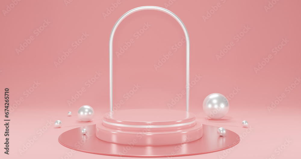 pink product podium with pearls on pink background