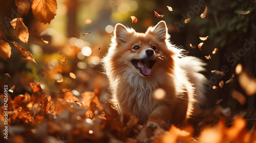 a cute fox runs in leaf fall through autumn leaves a view of wild nature the joy of change, a dynamic scene of flying leaves