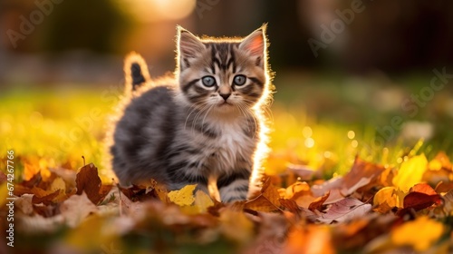 A Cute kitten playing with yellow autumn leaves at sunset. the backyard The background of the photo is a relaxing environment in the backyard.