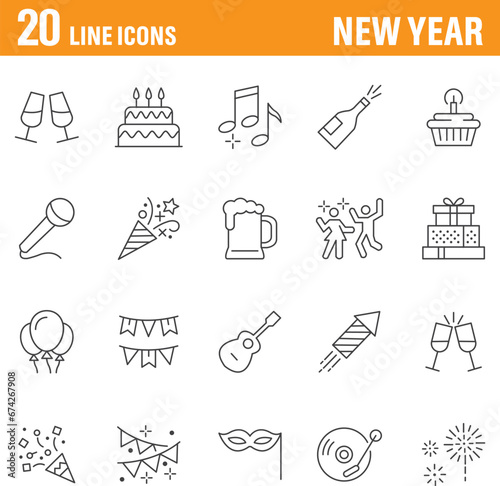 New Year line icon set