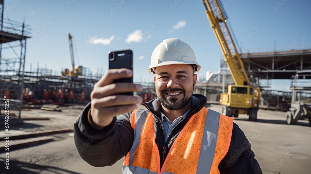 A Civil engineer takes a selfie standing near a construction site with a tower crane in the background. A Civil engineer takes a selfie standing near a construction site with a tower crane in the background.
