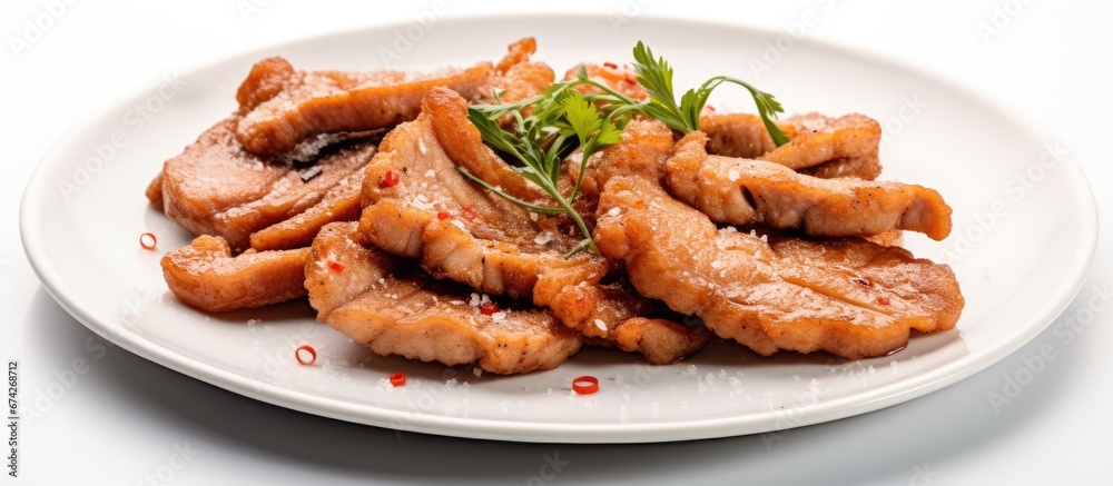 Garlic infused pork that has been cooked in oil served on a plate Garlic infused pork that has been cooked in oil served on a plate