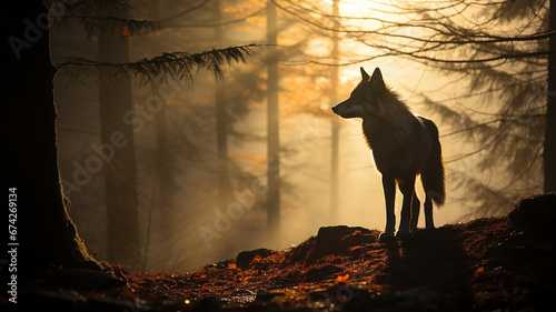 silhouette of a wolf in a misty autumn forest landscape view of wildlife