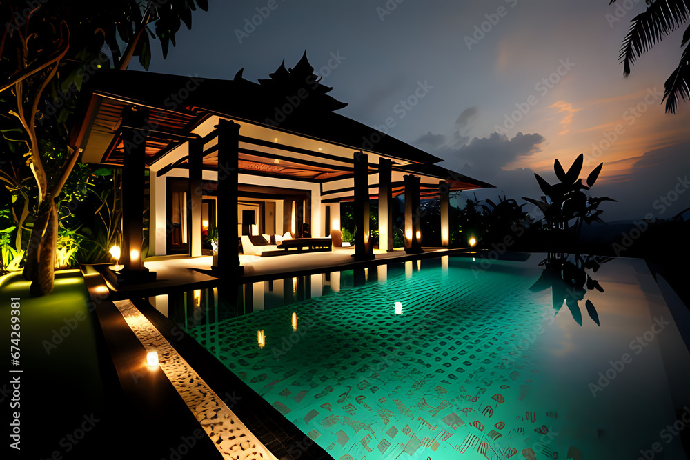 Luxury mansion house villa bali indonesia building with garden and swimming pool at cinematic sunset