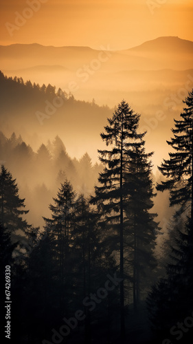 a lonely pine tree in the sunset mist in the mountains  an autumn calm landscape of wildlife  a vertical panorama of the forest