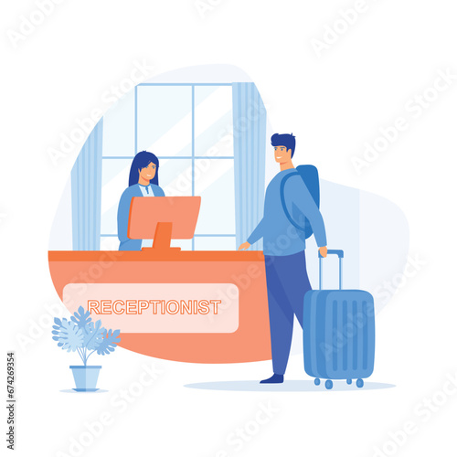 Hotel service.  Receptionist provide information to people, Reception hall with woman receptionist flat vector modern illustration 