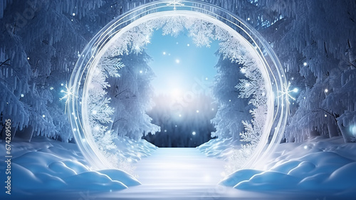 round ice frosty arch festive night evening, frame outside, presentation winter greeting card
