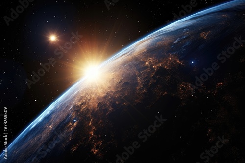 An abstract wallpaper featuring a mesmerizing view of the sun rising over the distant horizon of Earth as seen from space, casting a warm, golden glow across the planet. Photorealistic illustration