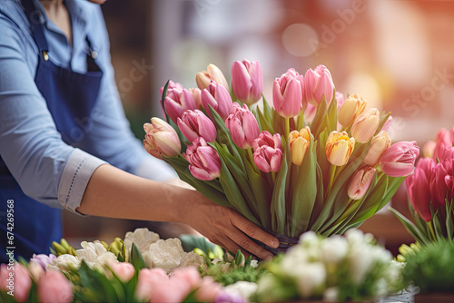 Close-up of a woman florist holding the bouquet of tulips in the retail flowers store © Aleksandr Bryliaev