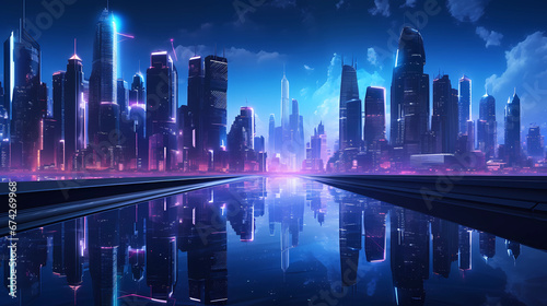 City background with neon lights at night