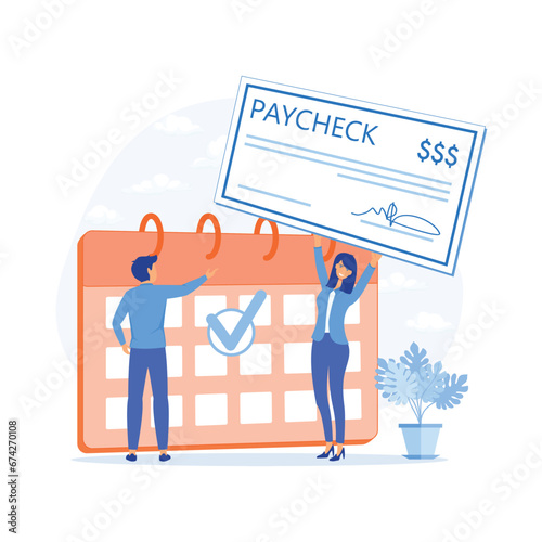 Calendar with payday, calculator and tiny business people getting a paycheck, flat vector modern illustration 