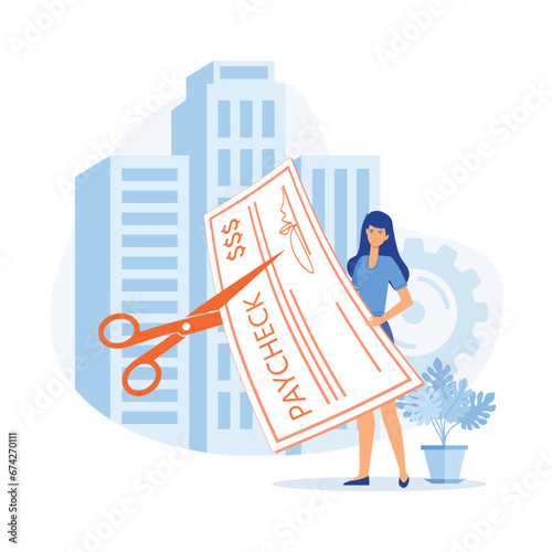 Economy crisis. boss cutting staff employee pay, salary, reducing running costs of a company, flat vector modern illustration 
