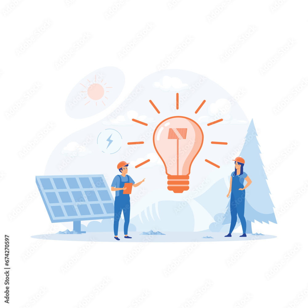 Solar energy panel instalation. Field worker and project manager demonstrated, flat vector modern illustration Solar energy panel instalation. Field worker and project manager demonstrated, flat vector modern illustration