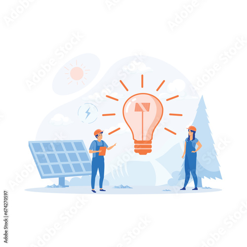 Solar energy panel instalation. Field worker and project manager demonstrated, flat vector modern illustration 