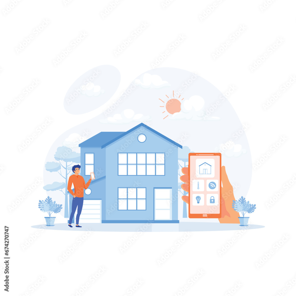 Smart home app with control system, eco house on the background and family posing, flat vector modern illustration Smart home app with control system, eco house on the background and family posing, flat vector modern illustration