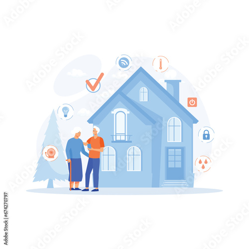 Smart home. Elderly couple holding remote home control system on a digital tablet, flat vector modern illustration 