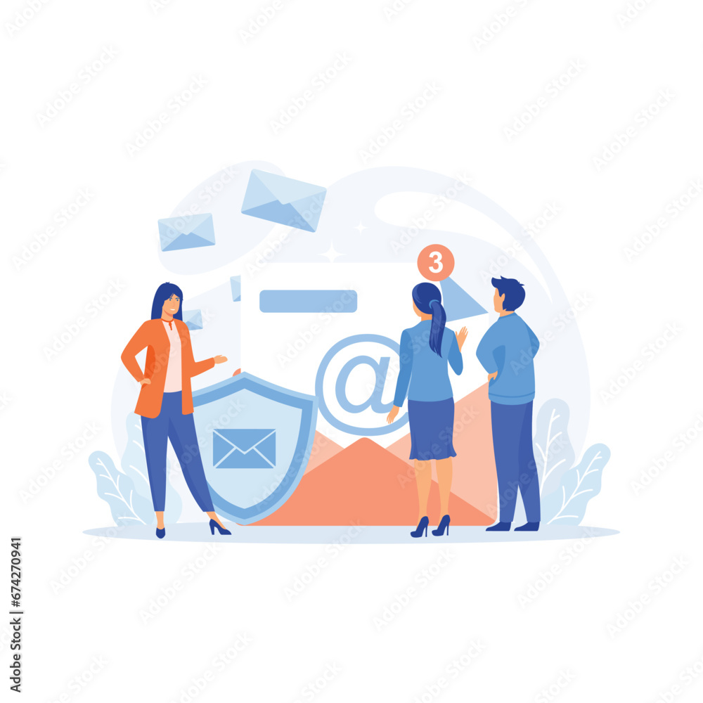 Email encryption. People stand near big shield, email letters, messages, flat vector modern illustration Email encryption. People stand near big shield, email letters, messages, flat vector modern illustration