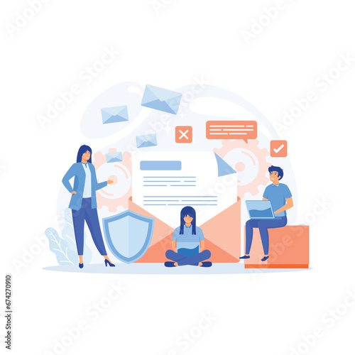  Email encryption. Group of people stand near big envelope, letter, shield, flat vector modern illustration 