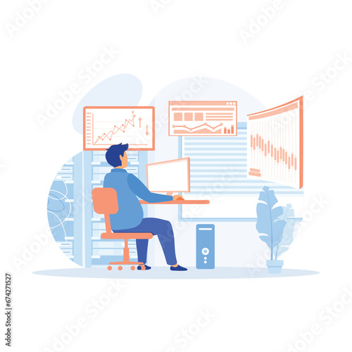 Data center. Man Working In Data Center Room Hosting Server Computer Monitoring Information Database, flat vector modern illustration 