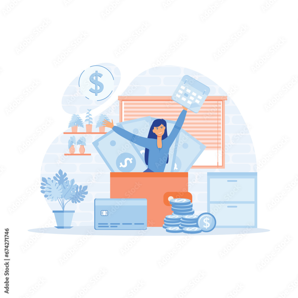  Salary payment. Employee or workers are happy receive a monthly salary, flat vector modern illustration 