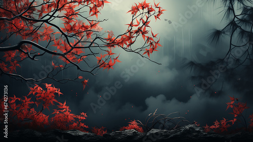 the branches and leaves of the Japanese red maple form an autumn text frame on a blurry cold blue background photo