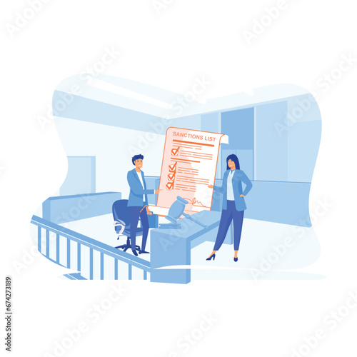 Business people discussing sanctions list with a law gavel on the background, flat vector modern illustration 