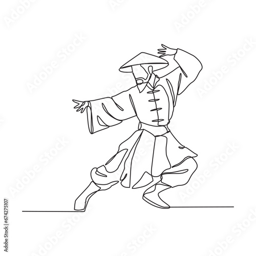 One continuous line drawing of a kungfu master vector illustration. A kungfu master illustration simple linear style concept vector. Chinese kungfu master design vector for your business promotion.