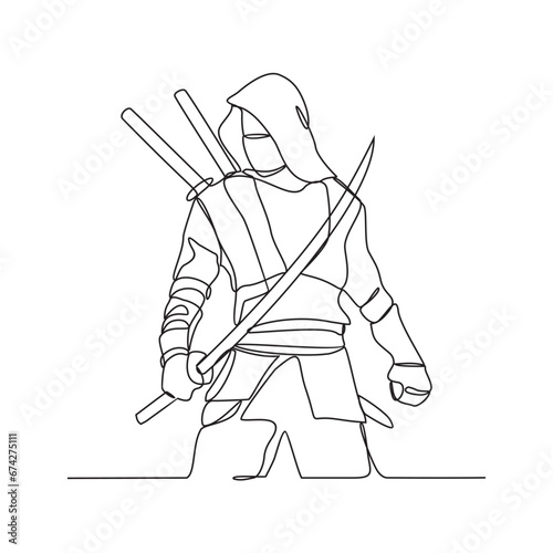 One continuous line drawing of a ninja vector illustration. A ninja illustration simple linear style concept vector. Japanese ninja design vector for your business promotion or others.