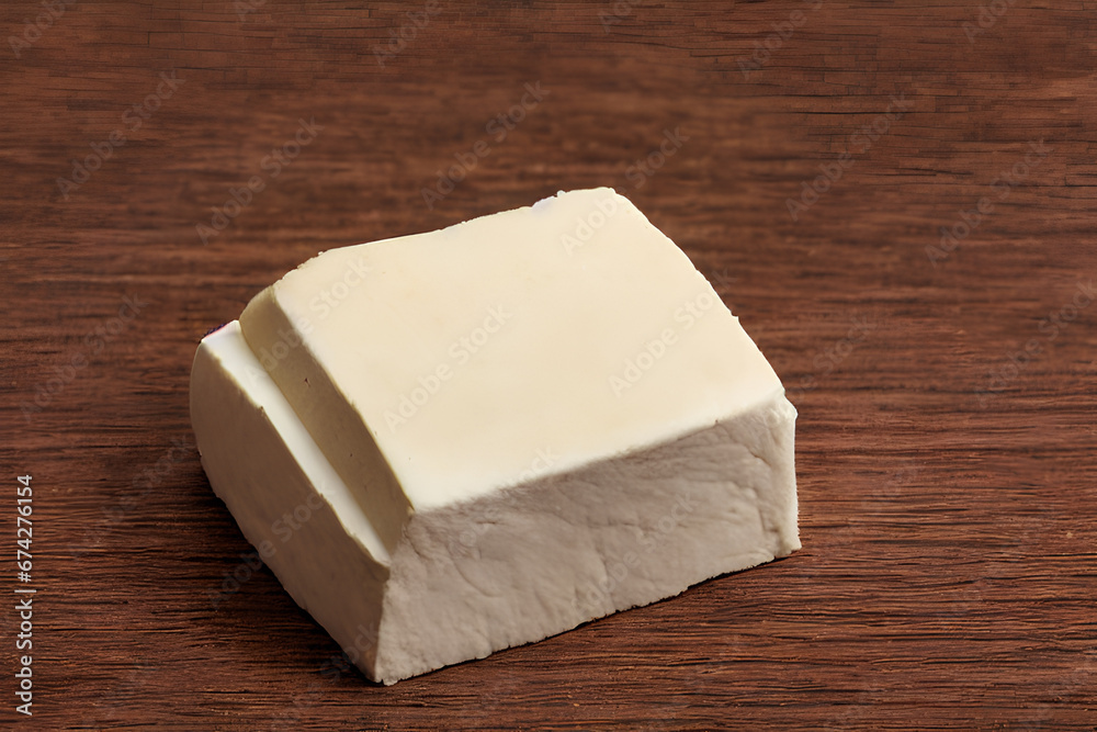 An up-close view of a pristine block of tofu, showcasing its pale, creamy texture and smooth surface.