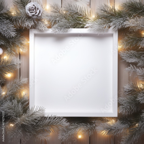 Christmas-style flat lay frame scene with evergreen tree twigs and copy space