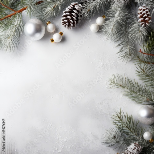 Christmas-style flat lay frame scene with evergreen tree twigs and copy space