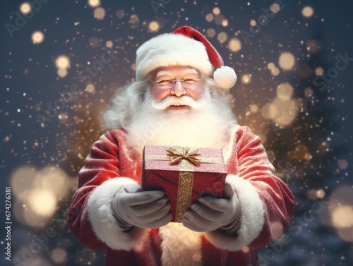 Photo of happy Santa Claus carrying gift boxes