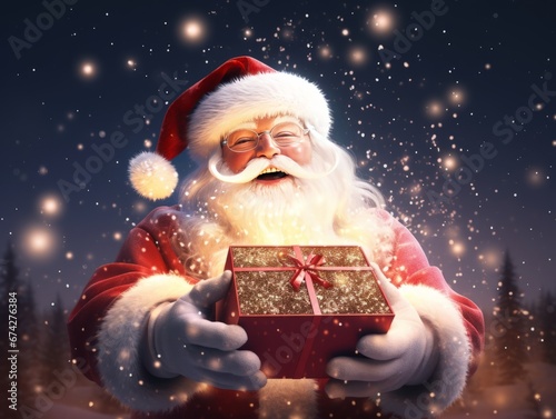 Photo of happy Santa Claus carrying gift boxes
