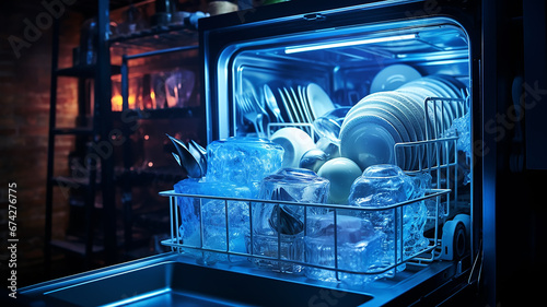 clean dishes in an open dishwasher with blue backlight. photo