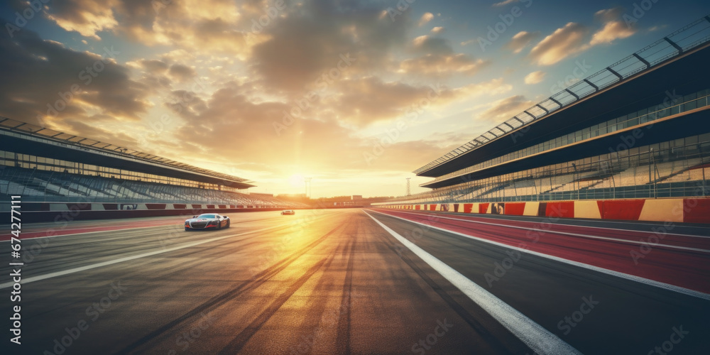 F1 race track circuit road with motion blur and grandstand stadium for ...