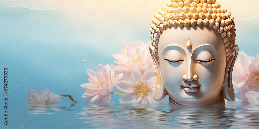 glowing golden buddha on water with pastel pink lotus flowers - obrazy, fototapety, plakaty 