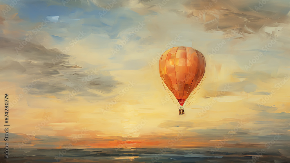 Obraz premium the balloon is flying against the background of the sunset sky landscape travel freedom adventure oil paints.