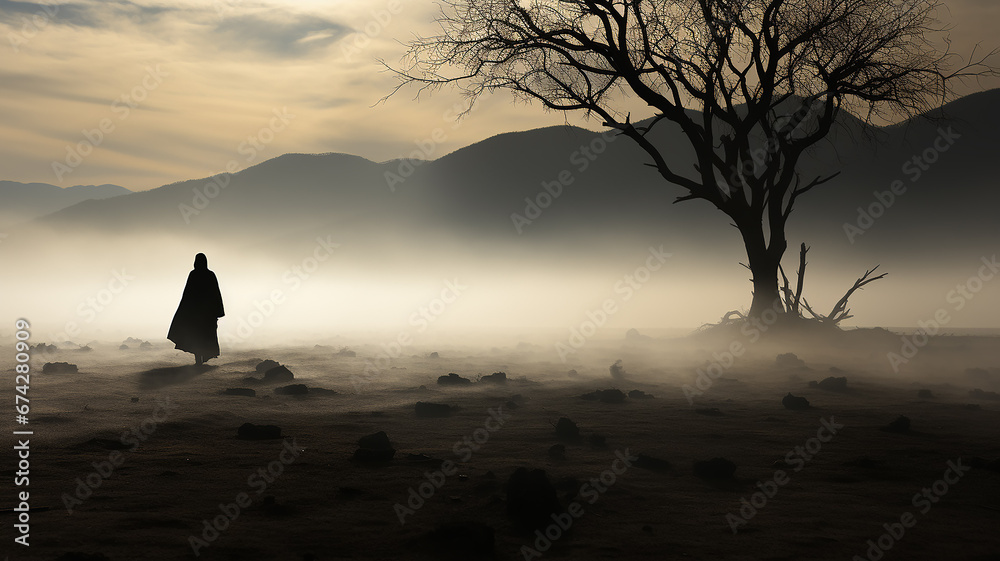 silhouette of an ancient dark traveler in the desert at sunset biblical story. - obrazy, fototapety, plakaty 