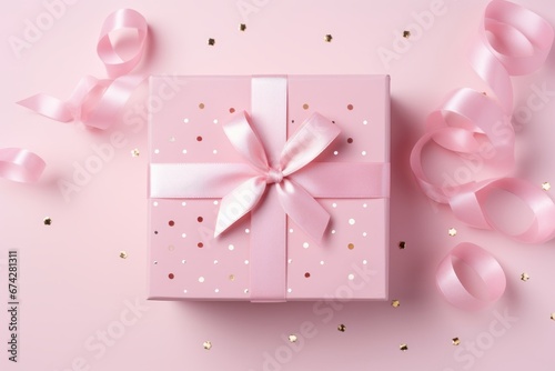 Gift box with confetti, female hands holding on pink table, top view for birthday or wedding