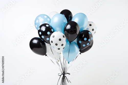 Vibrant blue, black, and white balloon on white background, perfect for celebrations and joy